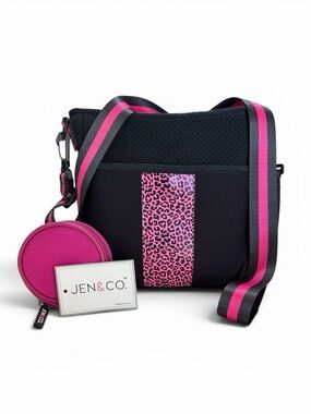 Jen & Co Neoprene Black Crossbody with Hot Pink Leopard Accent